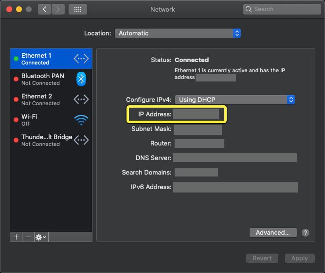 首选项/网络菜单显示你的MacIP地址