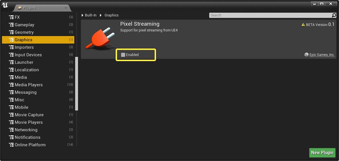 Enable the Pixel Streaming plugin