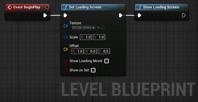 本关卡蓝图中的Set Loading Screen节点是Show Loading Screen节点的输入