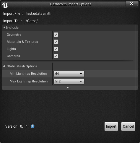 Set import options