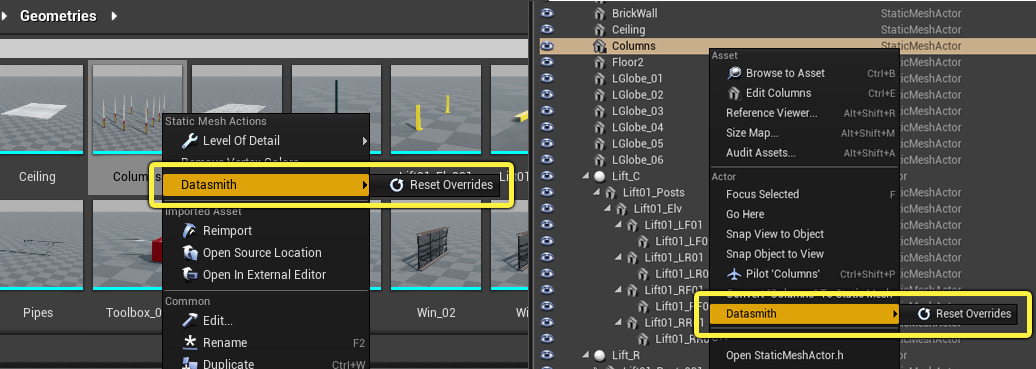 Datasmith重设覆盖（Reset Overrides）