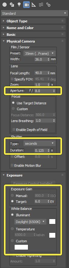 Physical Camera exposure settings in 3ds Max