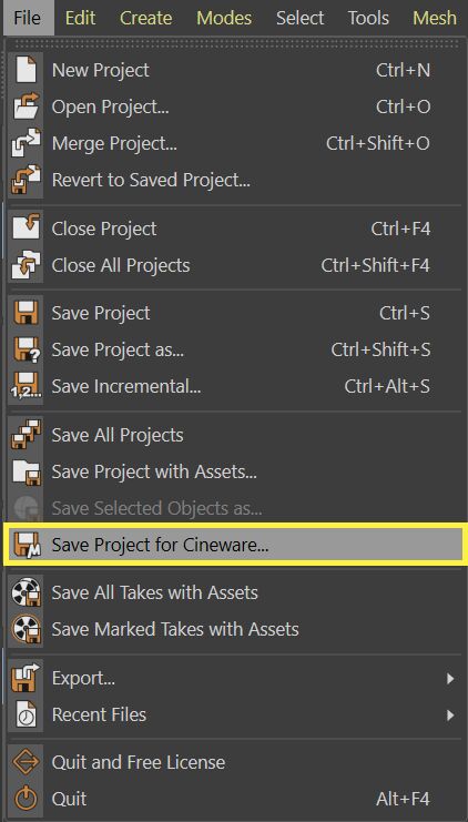 在文件菜单中将项目针对Melange进行保存