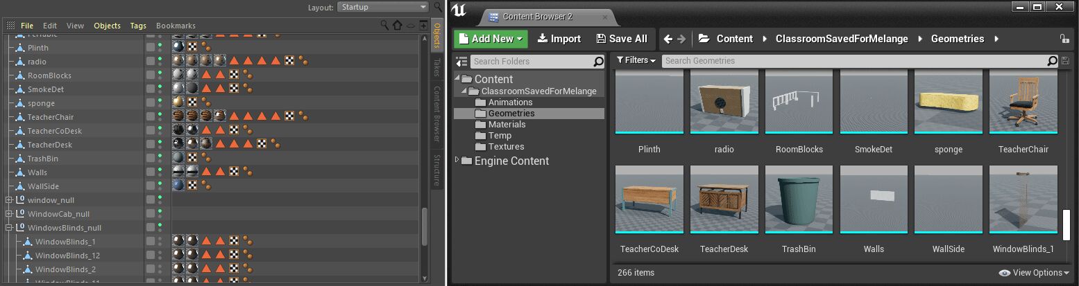 Cinema 4D中的对象名和UE4中的静态网格体资源名