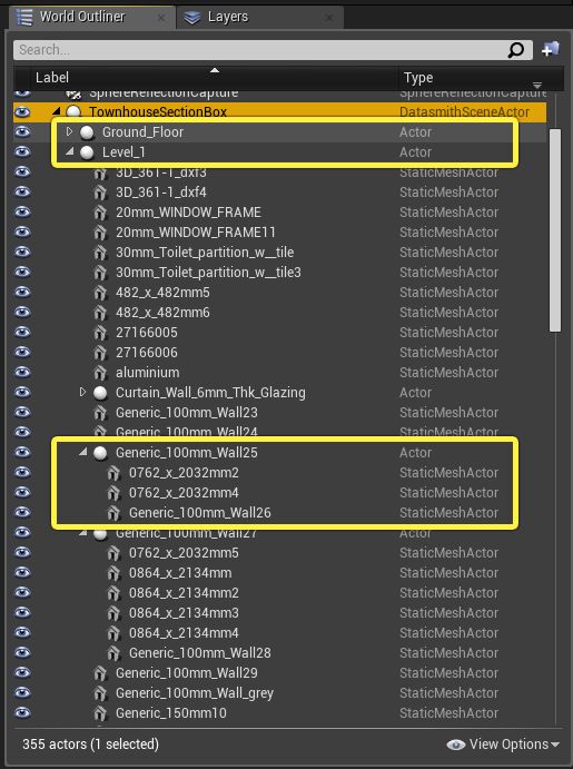 Example scene hierarchy in the Unreal Editor