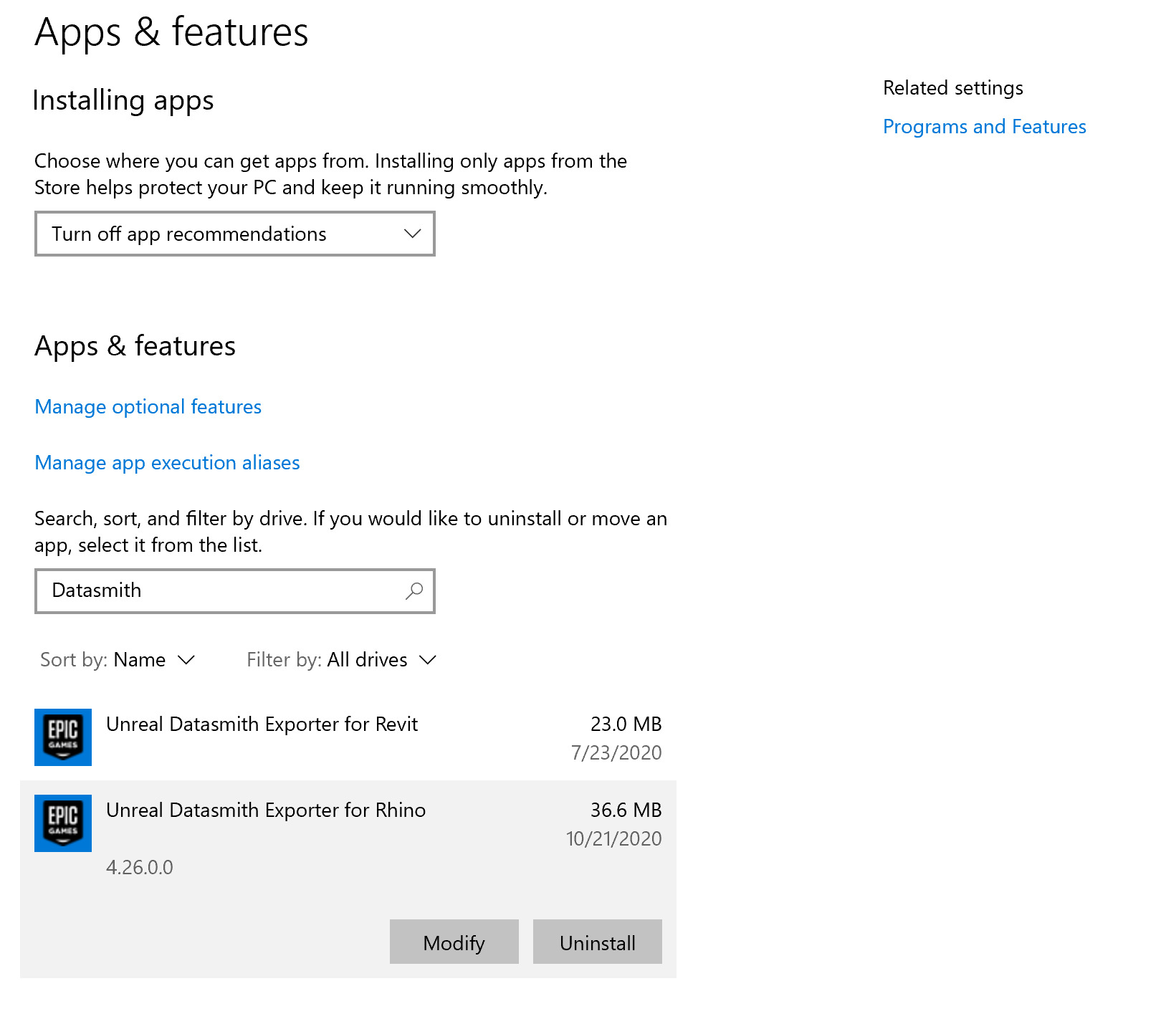 使用应用和功能控制面板删除