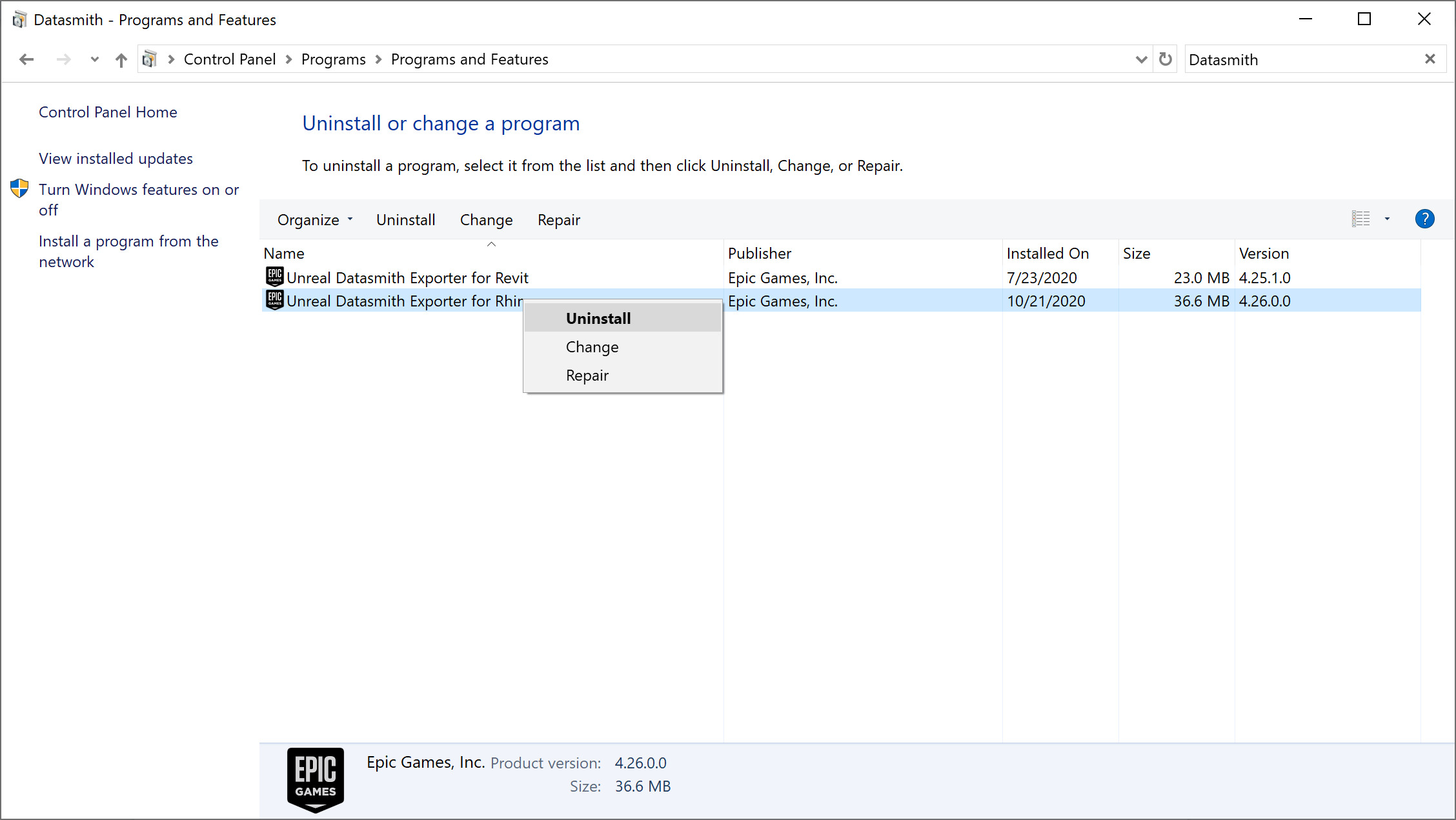 使用卸载或更改程序控制面板删除