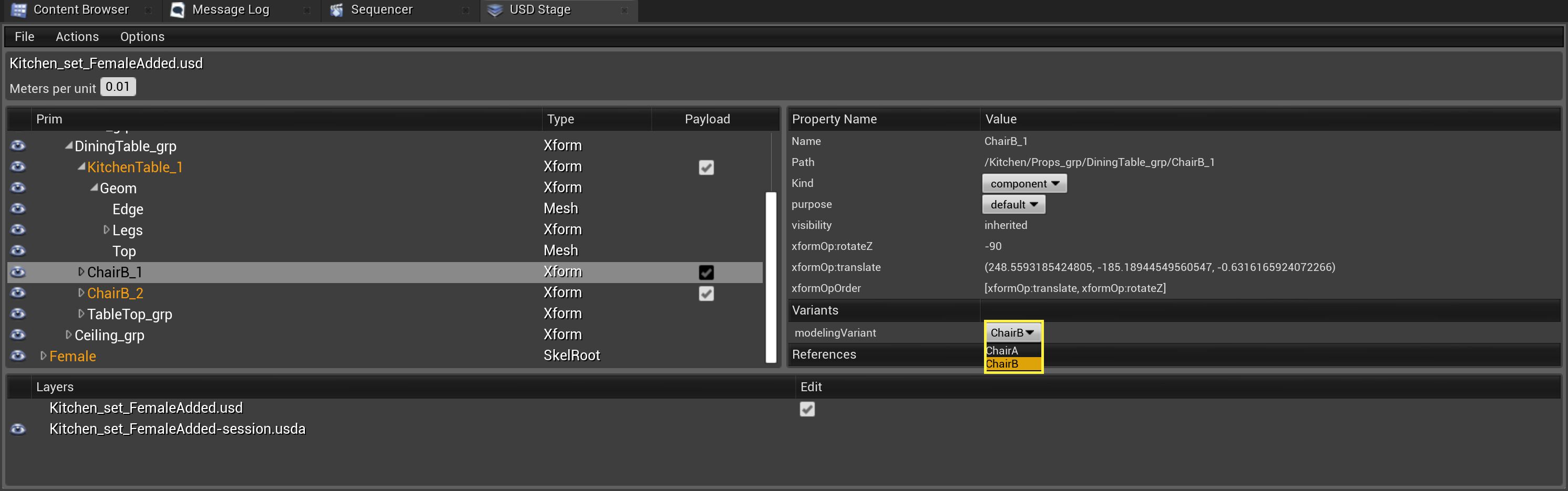 通过USD舞台面板加载变体