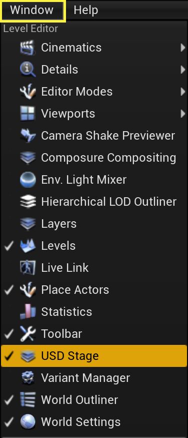 Window菜单中的USD舞台选项