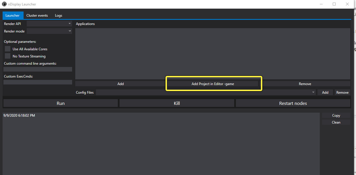 nDisplay启动程序窗口，带添加项目到Editor -game高亮显示
