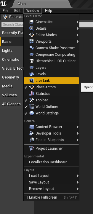 Window下拉菜单中Live Link高亮显示的编辑器