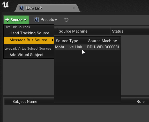 当添加Live Link源时，Mobu Live Link可用的截图