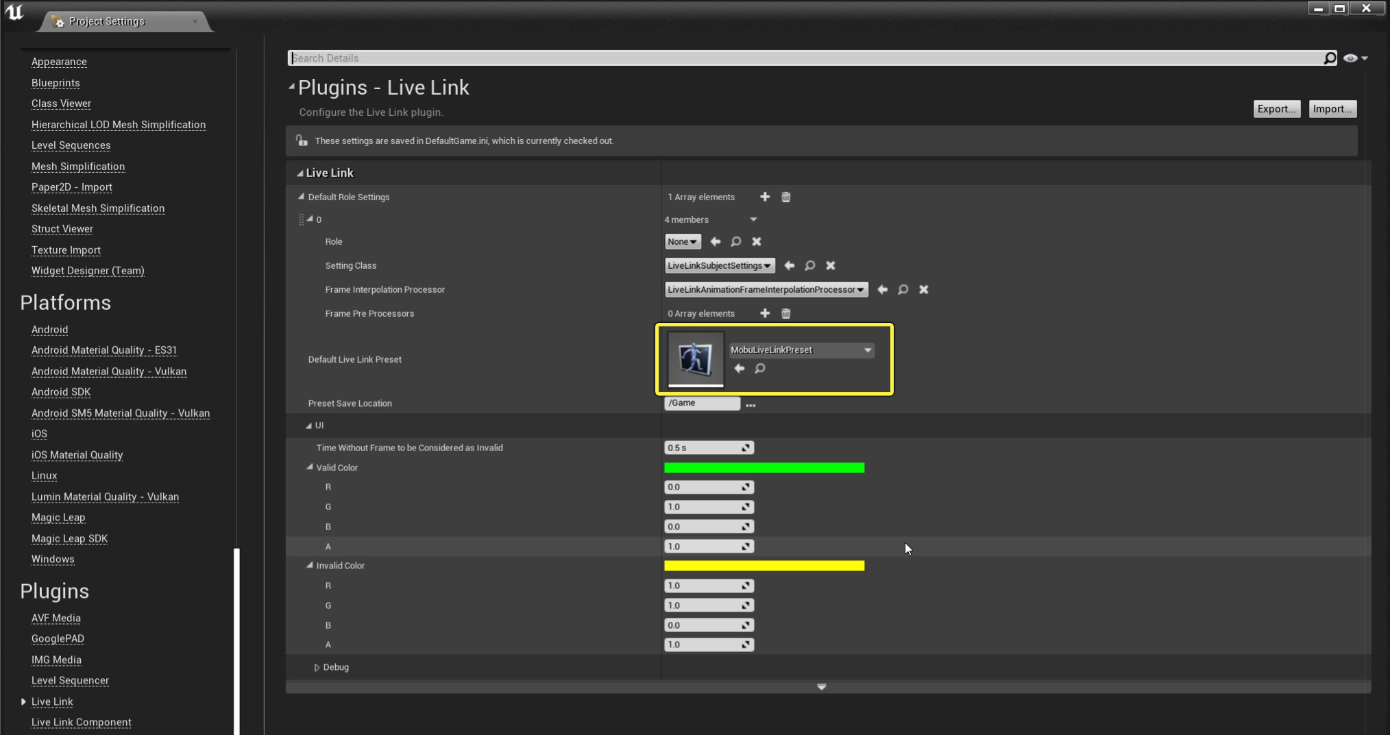 Live Link插件预设更改为Mobu Live Link预设