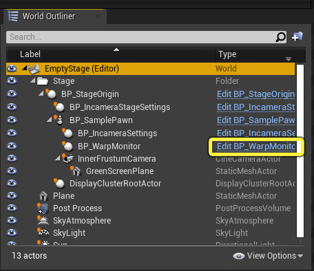 编辑世界大纲视图中高亮显示的BP_WarpMonitor