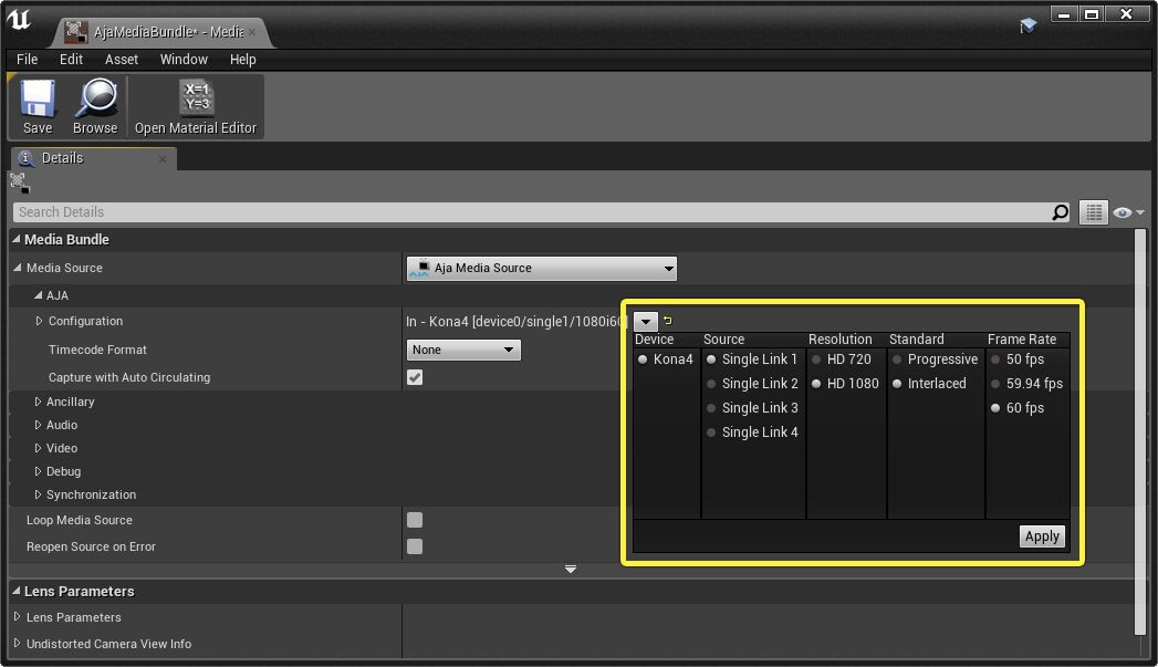 Aja Media Source Configuration