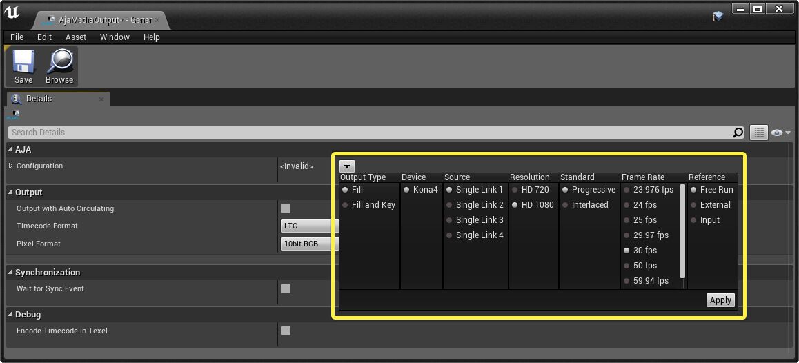 Aja Media Output Configuration