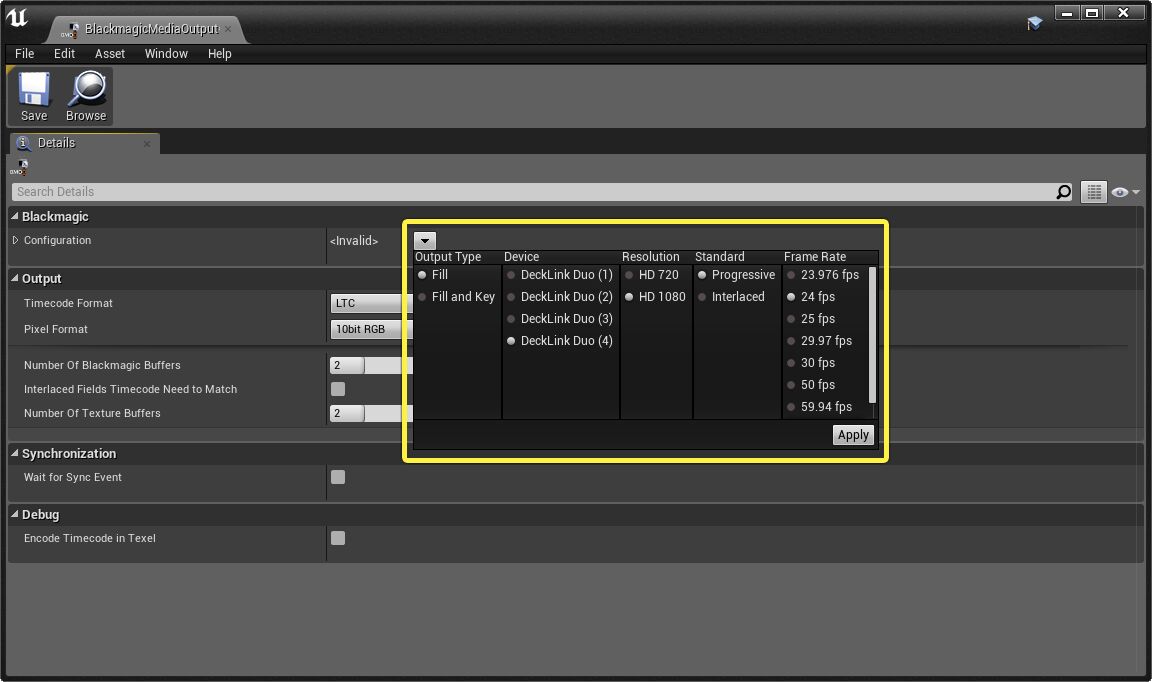 Blackmagic Media Output Configuration