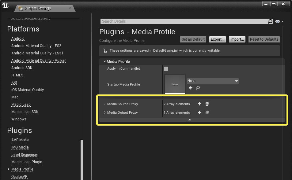 Project Settings for Media Profiles