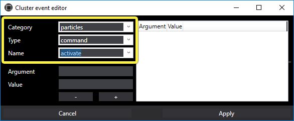 Settings in the Cluster event editor