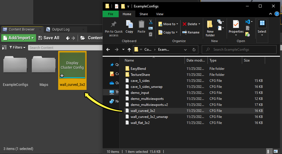 Dragging the wall_curved_3x2.cfg file into the Content Browser in the Unreal Editor