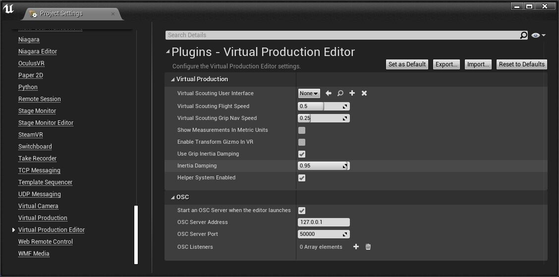 虚拟制片编辑器设置
