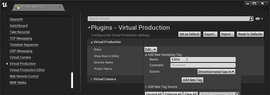 添加新的虚拟制片角色